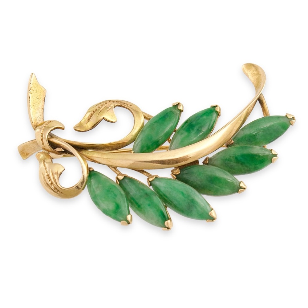 Vintage 14K Gold Jade Brooch Pin by T.Y. Lee Floral Fern Mid-Century